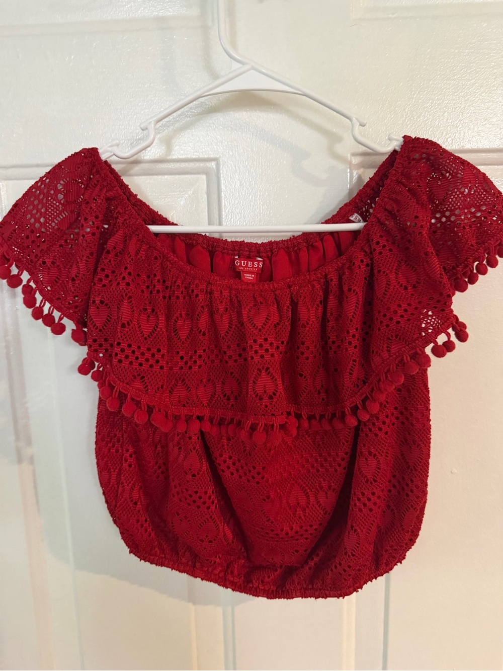 GUESS Red Crochet Off-Shoulder Pom-Pom Crop Top